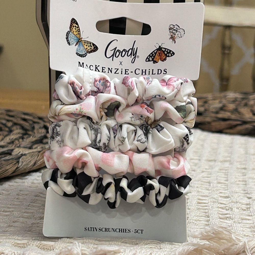 MacKenzie-Childs Satin Scrunchie Set in Pink, White, Black & Floral - 5 Pack